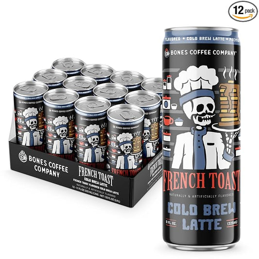 Bones Coffee Company French Toast Latte Sweet and Buttery Flavored Coffee, Medium Roast Ready To Drink Iced Coffee in Can, 11 Fl Oz Can (12 Pack)