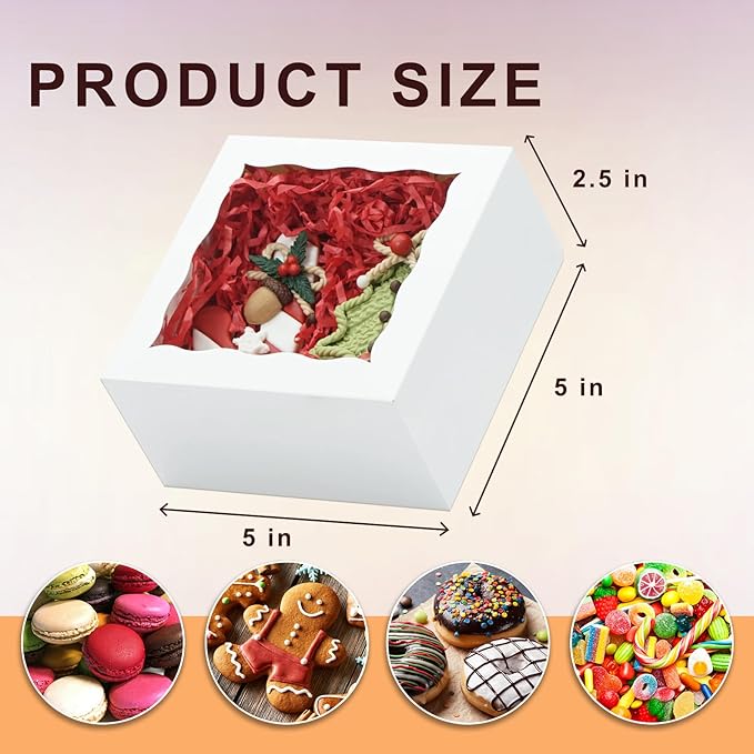 JOHOPACK 50 Pack 5x5x2.5 Inch Bakery Boxes Cookie Boxes with window Treat Box Chocolate Covered Strawberries Box for Macaroon Dessert Cupcake Pastry Muffins