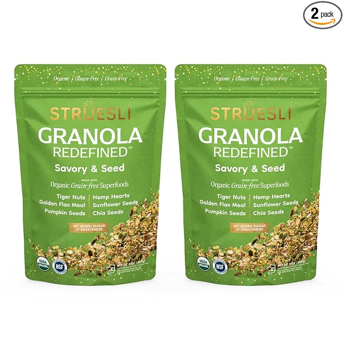 Struesli Savory + Seed Organic Granola, Nut, Grain & Gluten Free, Healthy Snacks with Pumpkin, Sunflower & Chia Seeds, Hemp Hearts, Flax, Tiger Nuts & Sea Salt, Plant Based, Keto & Paleo, 9 Oz, 2 Pack