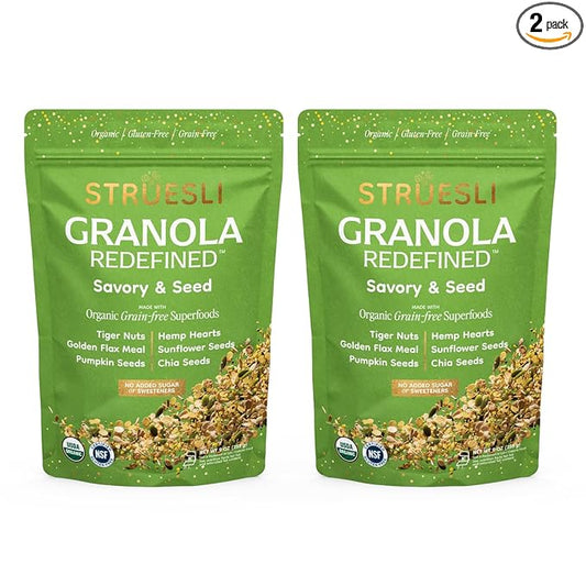 Struesli Savory + Seed Organic Granola, Nut, Grain & Gluten Free, Healthy Snacks with Pumpkin, Sunflower & Chia Seeds, Hemp Hearts, Flax, Tiger Nuts & Sea Salt, Plant Based, Keto & Paleo, 9 Oz, 2 Pack
