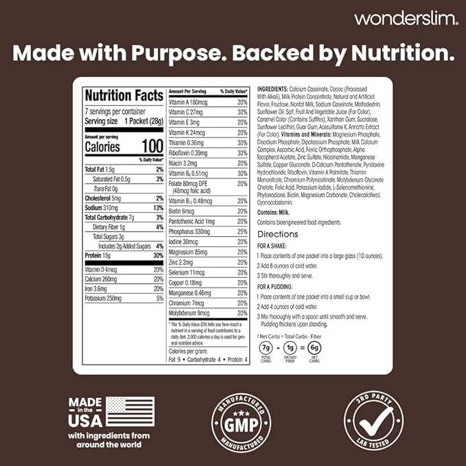 WonderSlim Meal Replacement Shake, Dark Cocoa Cream, 15g Protein, 24 Vitamins & Minerals, Gluten Free, Low Carb (7ct)