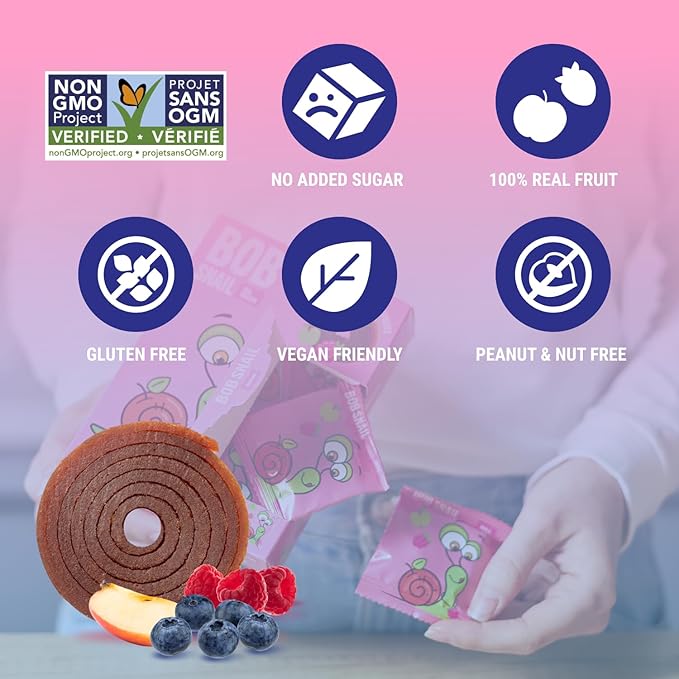 Bob Snail Fruit Roll Ups – 50 Natural Fruit Snacks (Blueberry & Raspberry), Vegan, No Added Sugar, Healthy On-the-Go Pack, 500g