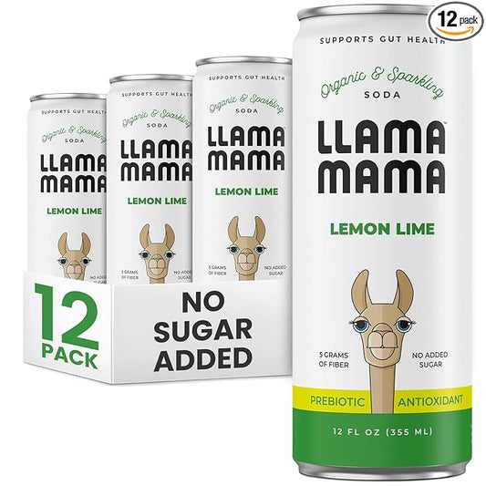 Llama Mama Lemon Lime Organic Sparkling Prebiotic Soda • Gut & Immune Support • High Vitamin C, Antioxidants • NO Sugar • NO Artificial Sweeteners • NO Stevia • Vegan Plant Fiber • 12 Pack
