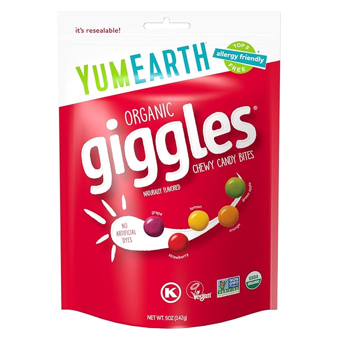 YumEarth Organic Giggles Chewy Candy - Allergy Friendly (Top 9 Free), No Artificial Dyes, Non GMO, Gluten Free, Vegan Candy Snacks - 5 Ounce Bag (Pack of 6)