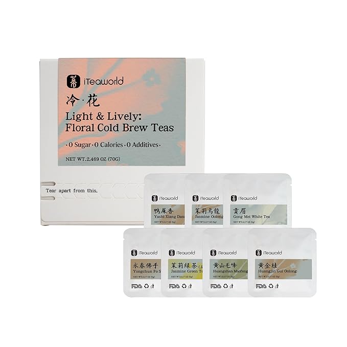 iTeawolrd Floral Cold Brew Tea - Iced Tea Sampler,7 flavors Classic Floral Loose Leaf Teas, Dancong Oolong,Jasmine Green Tea, Makes Cold Brew Iced Drink or Hot - Whole Leaf | 14 Bags (2.47oz)