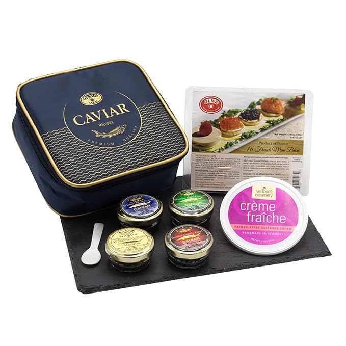 OLMA Imperial Caviar Gift Set - 4 oz (112g) of Caviar, Includes: Beluga, Osetra Caviar, White Sturgeon, Siberian Osetra Aurora & Serving Spoon & Blinis - Superior Grade Fresh Roe Fish Eggs