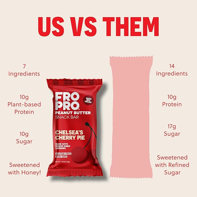 FROPRO Snack Bar - Peanut Butter Snack Bars - Gluten Free, Dairy Free, Soy Free, Non GMO, Plant Based Protein Snacks Bar - Crave-worthy | Chelsea's Cherry Pie, 24 Pack
