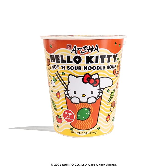 Hello Kitty Instant Ramen Noodle Cup | 6 Pack | Hot and Sour Flavor | Premium Microwaveable Ramen Soup Mix, Asian Snacks