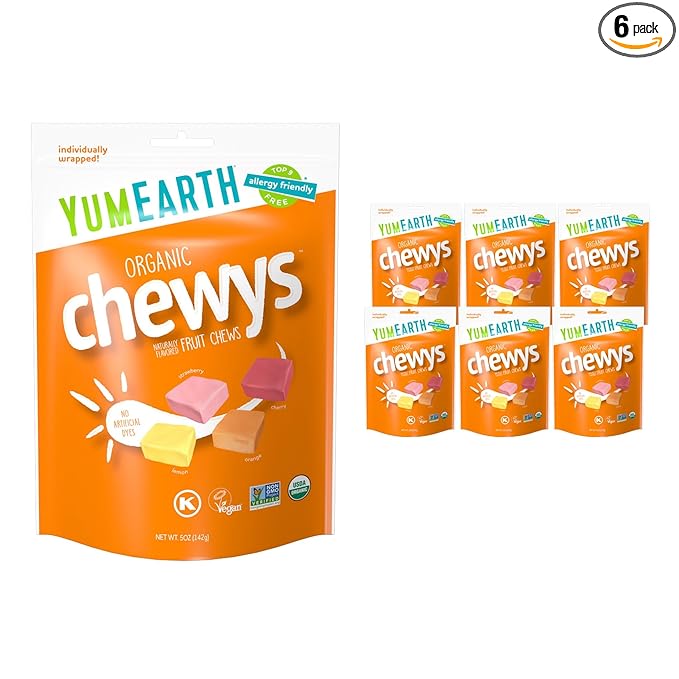 YumEarth Organic Fruit Chews - Fruit Flavored Candy Chews, No Dye, Allergy Friendly, Gluten Free, Non-GMO, Vegan Candy with No Artificial Dyes, 5 ounce (Pack of 6)