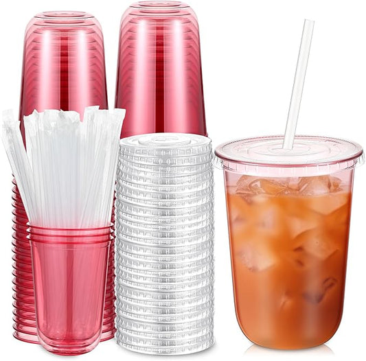 Ziliny 50 Sets Clear Plastic Cups with Lids and Straws, Disposable Iced Coffee Cups Drinking PET for Cold Drinks, Juice, Smoothie, Coffee Shops, Party, Christmas(Pink,16 oz)