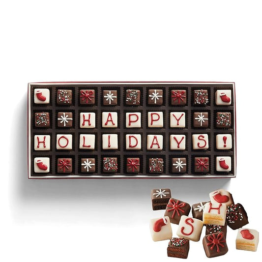 The Swiss Colony Happy Holidays Petits Fours Cakes – Gourmet Cake Assortment with Chocolate, Layer Cakes, and Jam – Christmas Dessert Gift – (Pack of 36)