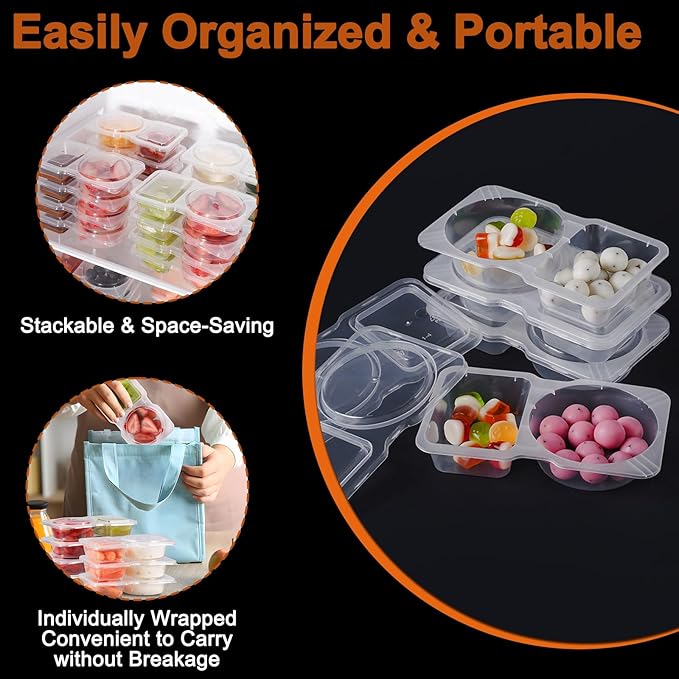 20 Sets Double Compartment Condiment Container, 2 Compartment Snack Containers, Disposable Food Containers with Lids for Sauce Snack, for Travel, Picnic