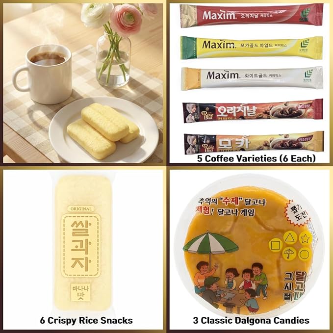 Korean Instant Coffee MIx Variety 30 Sticks With 3 Handmade Dalgona candies, 6 Rice snacks! 5 Different Flavors (6 Pack of Each / Maxim Original, Mocha Gold Mild, White Gold, Rosebud Mocha, Original Coffee Mix)