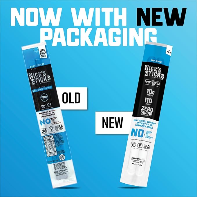 Nick's Sticks Clean & Balanced 100% Grass-Fed Beef Snack Sticks | Made in the USA | Gluten Free | Paleo, Keto, Whole30 Approved | No Soy, Antibiotics or Hormones (12 – 1.7oz. Packages of 2 Sticks)