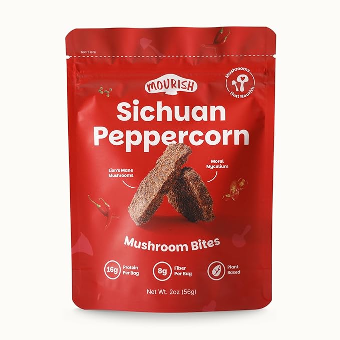 Mourish Vegan Mushroom Bites, Sichuan Peppercorn, 1 Pack (2 oz), Good Source of Protein and Fiber, Plant Based Meat Jerky, Spicy Flavor, Meatless Healthy Snacks for Hiking, Work, Travel & School