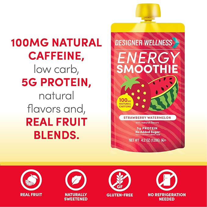 Designer Wellness Energy Smoothie, Real Fruit, 100mg Natural Caffeine, 5g Protein, Low Carb, Zero Added Sugar, Gluten-Free, Strawberry Watermelon, 12 Count
