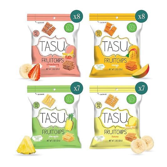 TASU Mixed Dried Fruit Chips Variety Pack - Banana, Mango, Strawberry & Pineapple - 100% Natural, Crispy, Crunchy, and Allergen-Free Healthy Snacks for Kids & Adults, Vegan, Gluten-Free, No Added Sugar, Perfect for Lunch Bags and On-the-Go Snacks | 30-...
