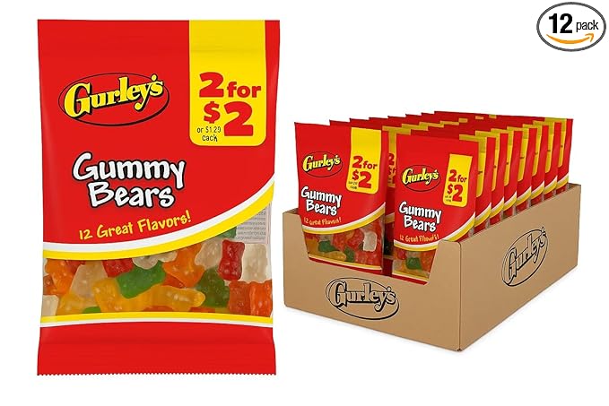 Gurley's Assorted Gummi Bears, Soft and Fruity Chewable Candy (Pack of 12)