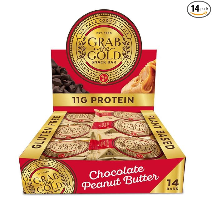 Grab The Gold Chocolate Peanut Butter Protein Snack Bars | 11g Plant-Based Protein, Organic Oats, Gluten-Free, Vegan, Dairy-Free, Kosher, High-Fiber Energy Bars | 14 Bars