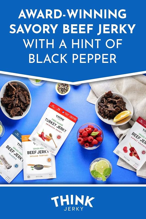 Think Jerky Classic Beef Jerky, Grass-Fed High Protein Beef, Gluten Free, No Antibiotics or Nitrates, Healthy Chef Crafted Recipe, Low Calorie and Low Fat - 1.0 oz Bags, 12 Pack