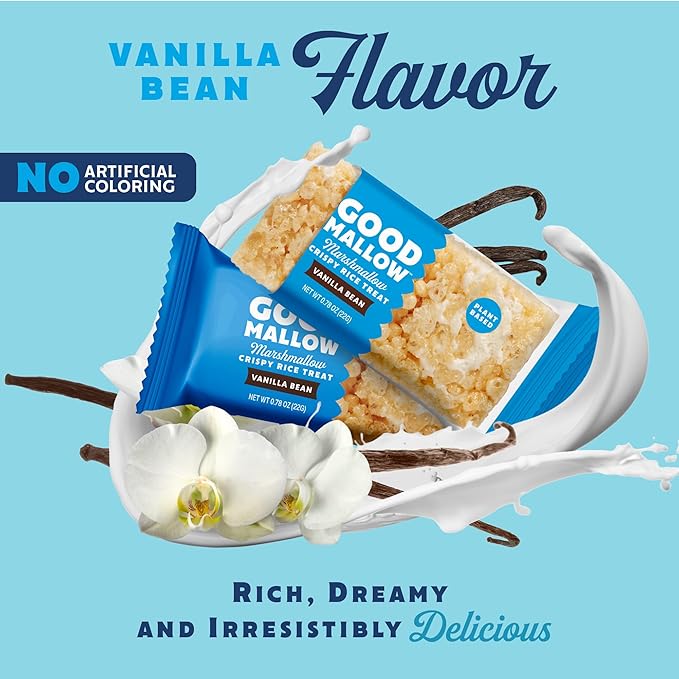 GoodMallow Vegan Rice Crispy Treats Individually Wrapped Box of 8 , Kosher Vegan Snacks, Gluten Free Dairy Free Snacks for Kids & Adults - Healthy Sweets Made with Gourmet Marshmallows, Made in USA (Vanilla Bean)