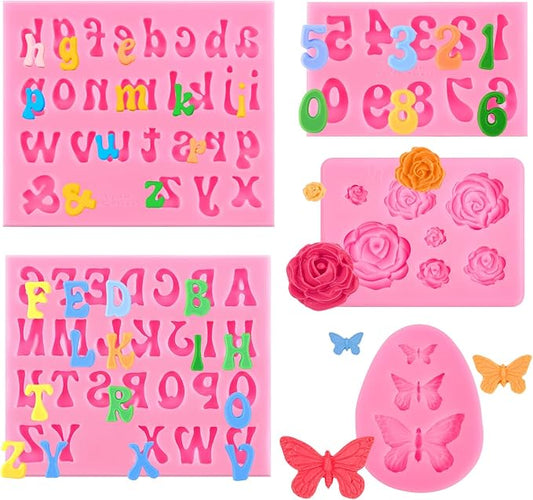 CLUEWR 5 PCS Silicone Letter Molds, Non-Stick Number Rose Flower Butterfly Fondant Molds for Chocolate, Candy, Cake Decoration, Cupcake Topper