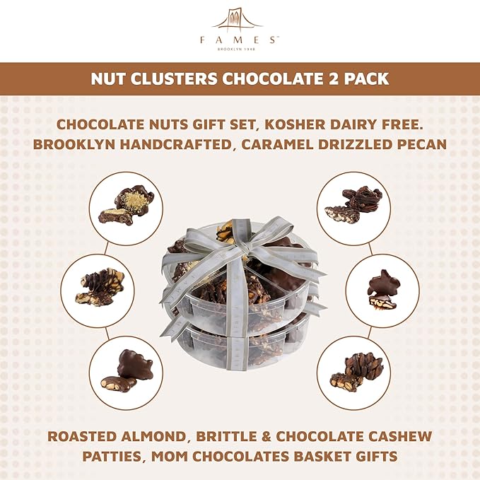 Nut Clusters Chocolates 2 Pack - Chocolate Nuts Gift Set, Kosher Dairy Free. Brooklyn Handcrafted, Caramel Drizzled Pecan, Roasted Almond, Brittle & Chocolate Cashew Patties, Holiday Chocolates Basket Gifts