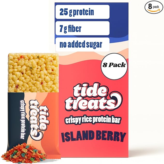 Crispy Rice Protein Treat Bar | 25 g Protein, No Added Sugar, 7 g Fiber, Gluten Free | High Protein Snack for On-the-Go, Post-Workout or Dessert Cravings | 8 Count (Island Berry)
