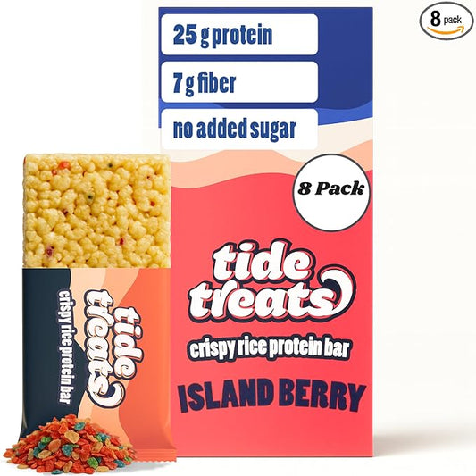 Crispy Rice Protein Treat Bar | 25 g Protein, No Added Sugar, 7 g Fiber, Gluten Free | High Protein Snack for On-the-Go, Post-Workout or Dessert Cravings | 8 Count (Island Berry)
