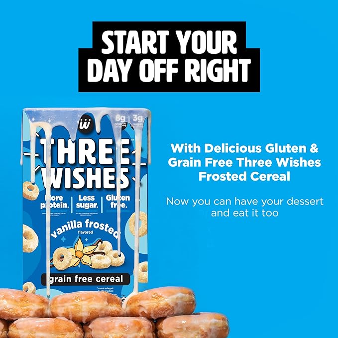 Plant-Based and Vegan Breakfast Cereal by Three Wishes - Frosted, 1 Pack - More Protein and Less Sugar Snack - Gluten-Free, Grain-Free - Non-GMO