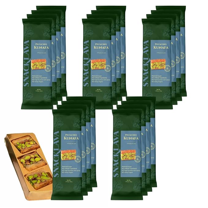 Snacklava Pistachio Kunafa - 20 Pack (60 Pieces) - No Artifical Ingredients, Colors or Preservatives - Premium Handmade Pastries