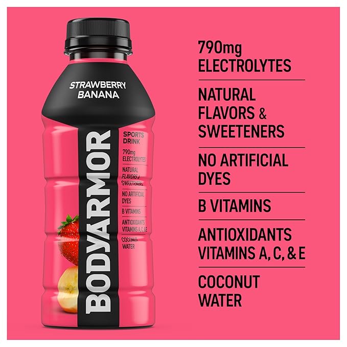 BODYARMOR Sports Drink, Strawberry Banana, Electrolyte Drink Hydration, 16 Fl Oz Bottles (12 Pack), Flavored Coconut Water with B Vitamins & Antioxidants