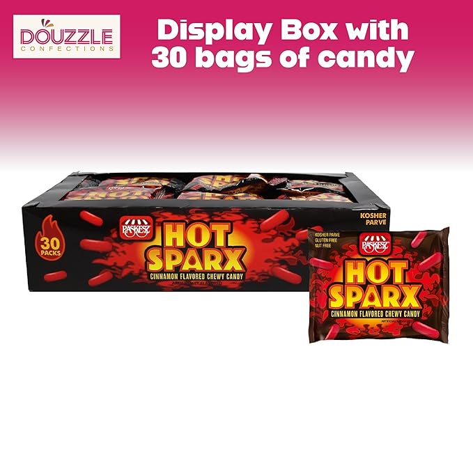 DOUzzle Valentines Day Sweet Treats, Hot Sparx Red Cinnamon Candy Sticks, Chewy Candies, Mini Packs (30 Count, 1 Pack) Individually Wrapped, Party Favor - Kosher
