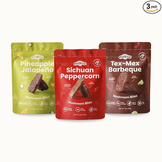 Mourish Vegan Mushroom Bites Spicy Adventures Trio, 3 Pack (2 oz), Good Source of Protein and Fiber, Plant Based Meat Jerky, Meatless Healthy Snacks for Hiking, Work, Travel & School