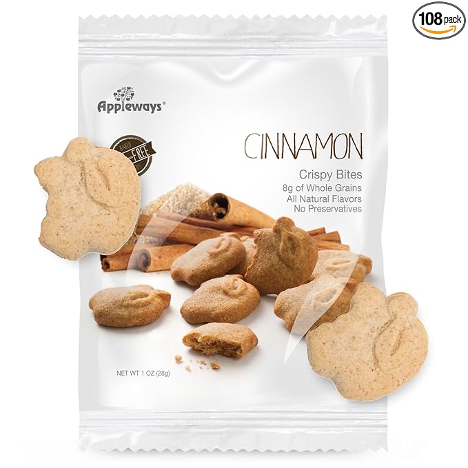 Appleways Whole Grain Cinnamon Crispy Bites, All-Natural Individually Wrapped Cinnamon Best Snacks for Classroom, Made in USA, 108 Count, 1 Oz