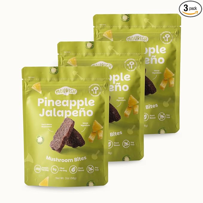 Mourish Vegan Mushroom Bites, Pineapple Jalapeno, 3 Pack (2 oz), Good Source of Protein and Fiber, Plant Based Meat Jerky, Spicy Flavor, Meatless Healthy Snacks for Hiking, Work, Travel & School