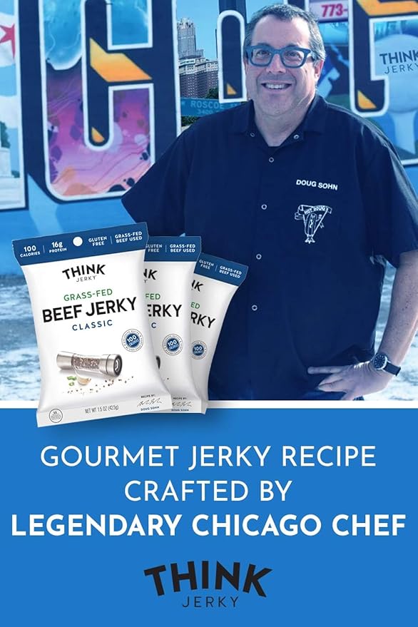 Think Jerky Classic Beef Jerky, Grass-Fed High Protein Beef Jerky, Gluten Free, No Antibiotics or Nitrates, Healthy Chef Crafted Recipe, Low Calorie and Low Fat - 2.2 oz Bags, 8 Pack