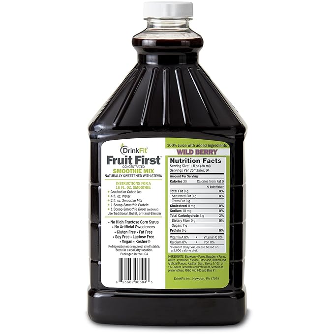 DrinkFit Fruit Smoothie | Real Fruit Puree, Low Sugar, Gluten:Free & Non:GMO, Wildberry Smoothie Mix : Makes 32 Smoothies, 64 Fl Oz (Wild Berry)