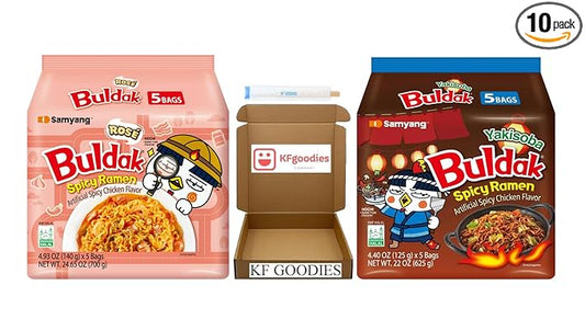 KF GOODIES Korean Ramen Variety Pack Gift Box (10 Count) – Spicy Buldak Noodle Assortment for Birthdays, College Care Packages, Office Snacks, and Gift Baskets