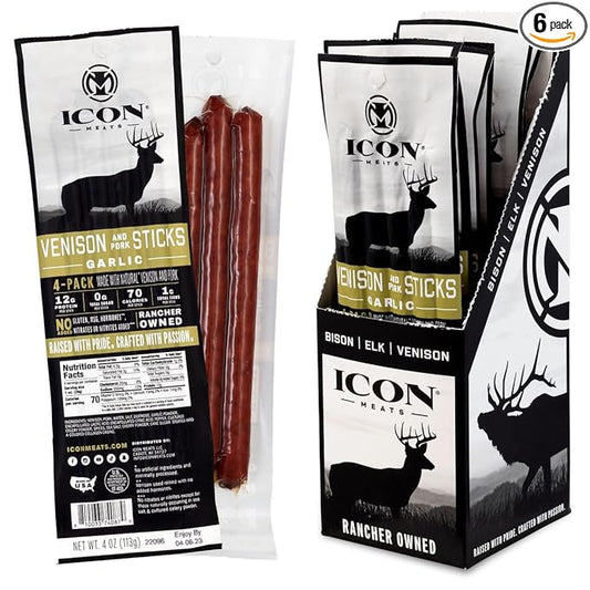 ICON Meats Venison and Pork Snack Sticks, Garlic, 6 Pack High Protein Snacks, 4 Meat Sticks per Pack, Zero Sugar, Gluten Free, Natural, USDA Inspected, Made in the USA, Gifts & Stocking Stuffers