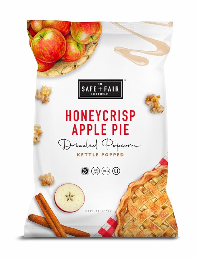 Safe + Fair Plant-Based Gourmet Apple Pie Flavored Popcorn - Honeycrisp Apple Pie Drizzled Kettle Corn Popcorn Non-GMO Gluten-Free Snacks 5.5 ounce, 6 Pack