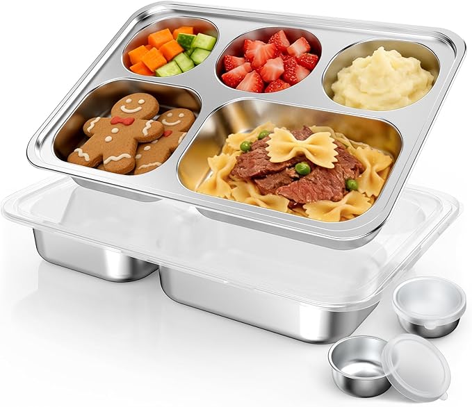 Stainless Steel Divided Plate for Kids Toddler, Non Toxic Portion Control Plate Dinner Plate with Lid for Adults Weight Loss, 2 Pack 5 Sections Rectangular Snack Plate Tray