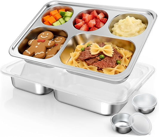Stainless Steel Divided Plate for Kids Toddler, Non Toxic Portion Control Plate Dinner Plate with Lid for Adults Weight Loss, 2 Pack 5 Sections Rectangular Snack Plate Tray