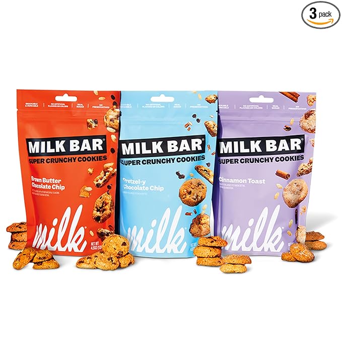 Milk Bar Super Crunchy Cookies – Pretzel, Brown Butter & Cinnamon Toast | Mini Treats for Party Snacking & On-the-Go | Cracker Alternative | No Artificial Flavors | Variety 3-Pack (4.5oz Each)