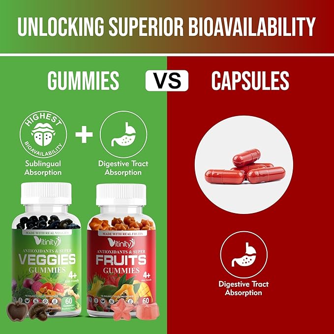 VITINITY Made with Real Fruit-Real Veggie Gummies-Superfood Vegetable Vitamin Supplement for Women,Men,Kids-Blend of Fruit and Greens for Daily Health.Fruits and Vegetables Supplements (30-Day Supply)