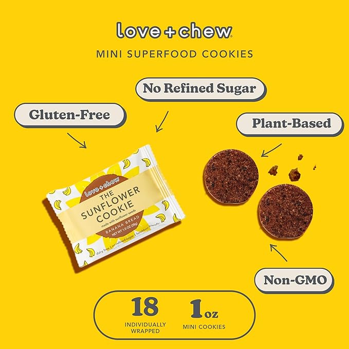 Love + Chew Soft Baked Protein Cookies, Gluten Free | (18) Count Sunflower Banana Bread Minis | Vegan, Paleo, Non GMO and Packed with Superfoods. - Individually Wrapped, and Made from Sunflower Seeds