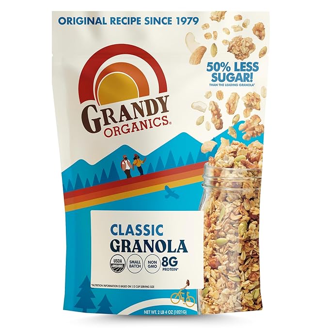 Grandy Organics Classic Granola, Certified Organic Granola Cereal, Low Sugar - Made with Oats, Pumpkin Seeds, Walnuts and Cashews, 12oz Bags, Bulk Pack of 6