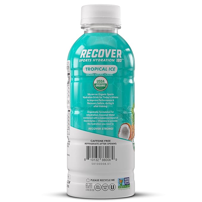 RECOVER 180 Organic Sports Hydration Drink, No Sugar Added, 20 Calorie Sports Beverage, Organic Flavors With Vitamins, Potassium-Packed Electrolytes (16.9 Fl Oz (Pack of 12), Tropical Ice)