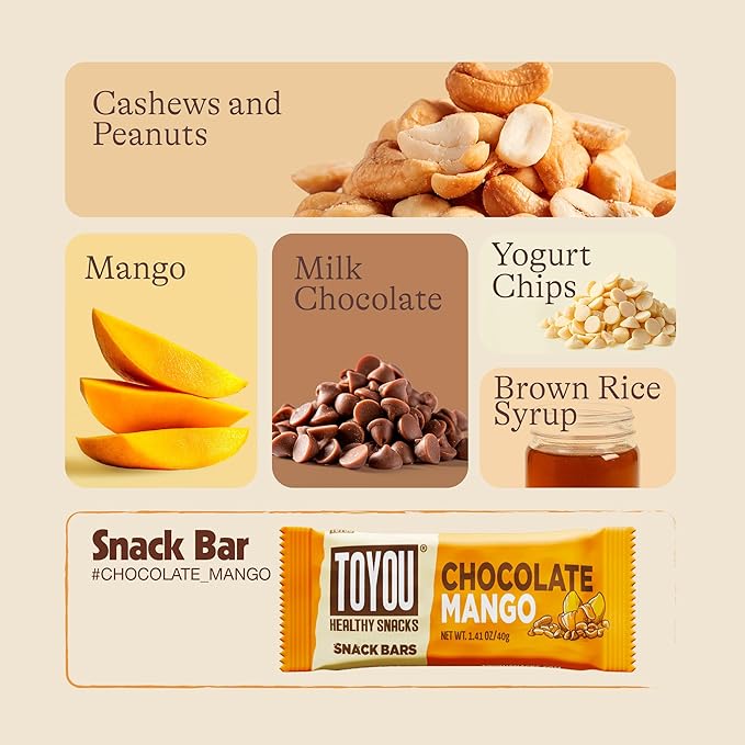ToYou Gluten Free Chewy Fruit and Nut Bars - Healthy Protein Snacks | Chocolate Mango - 1.41 Ounce (Pack of 12) | Soft Chewy, Fiber-Packed Granola Bars for Adults and Kids, Made with Natural Ingredients
