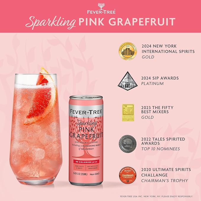Fever-Tree Sparkling Pink Grapefruit – Premium Soda Mixer for Cocktails and Mocktails, 8.45 fl oz Cans, Pack of 24 – Naturally Sourced, Non-GMO